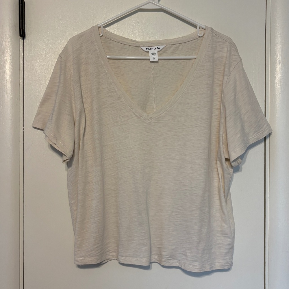 Athleta #659893 Women's S/S Essential Slub V-Neck Tee Shirt Top XL Cream
